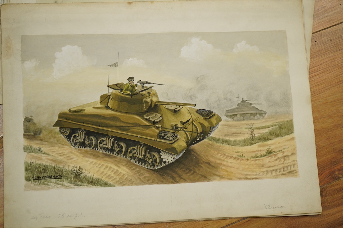 Alan Anderson, set of eight original WWII watercolours for postcard designs, Military vehicles to include ‘Cromwell Tank’, Matilda Infantry Tank’, ‘Churchill Heavy Infantry Tank’ and ‘Crusader Tank’, each with original c
